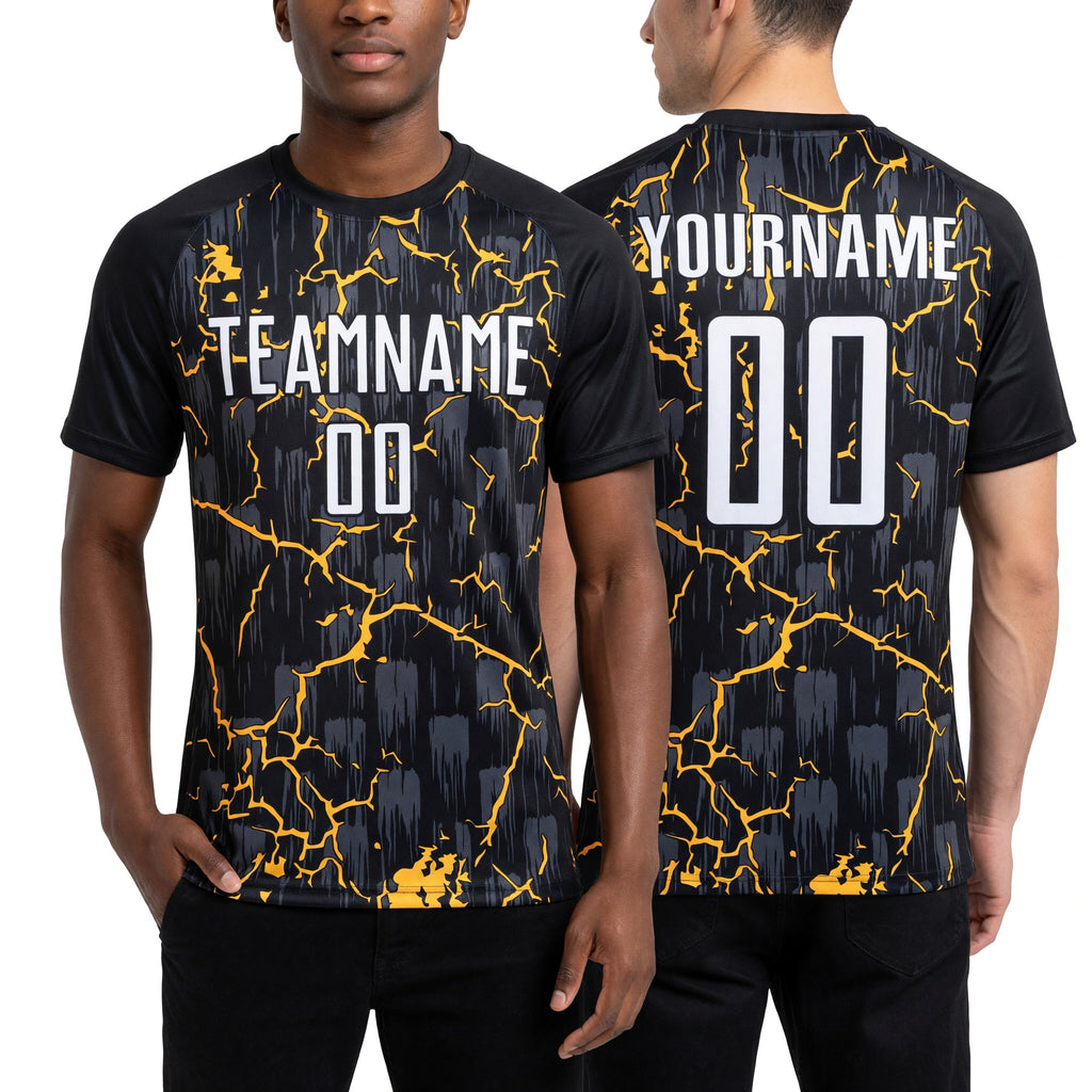 Custom Black White-Yellow Lightning Sublimation Soccer Uniform Jersey worn front and back