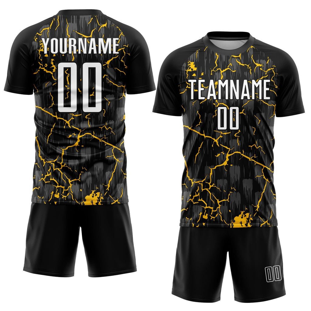 Custom Black White-Yellow Lightning Sublimation Soccer Uniform Jersey photo 2