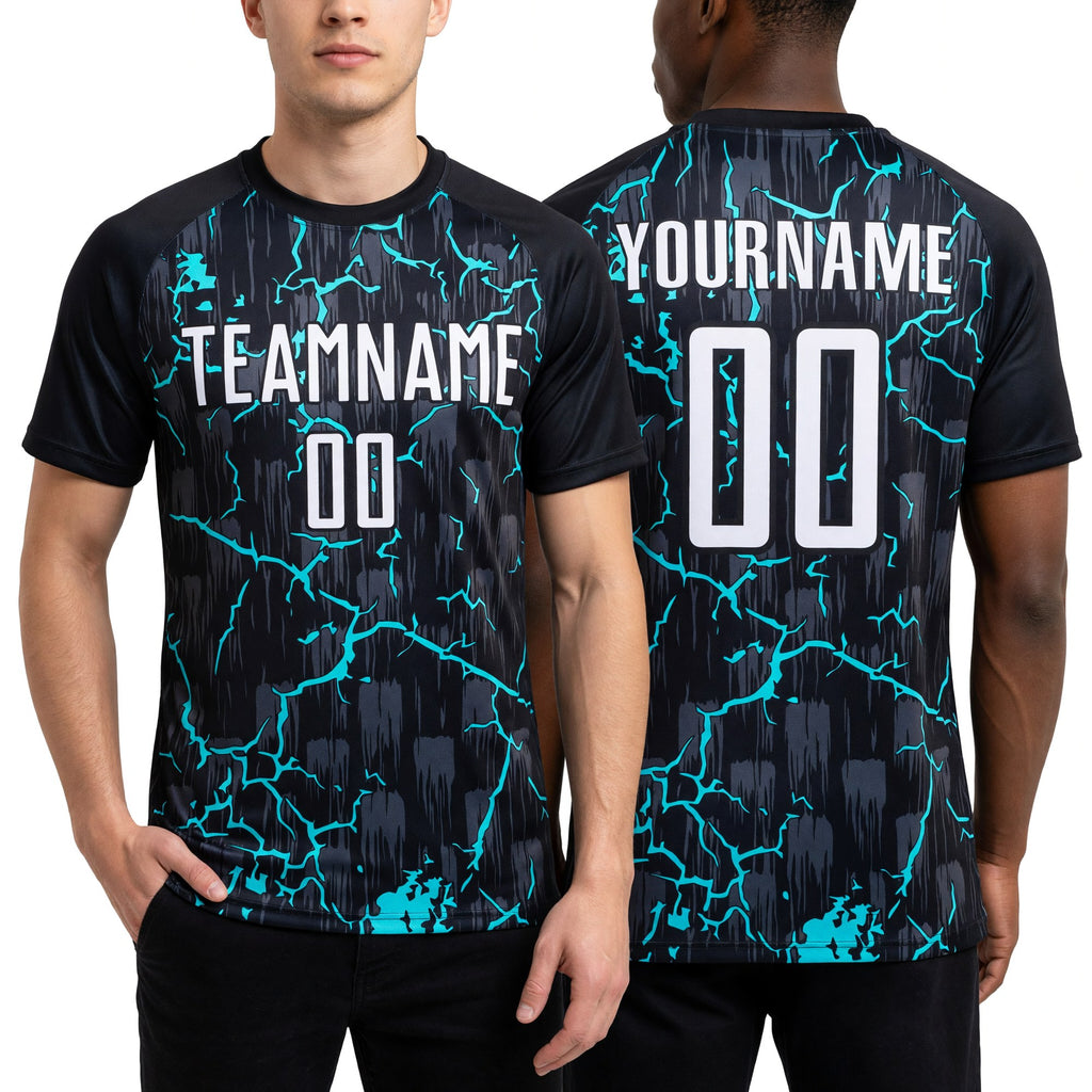 Custom Black White-Aqua Lightning Sublimation Soccer Uniform Jersey worn front and back