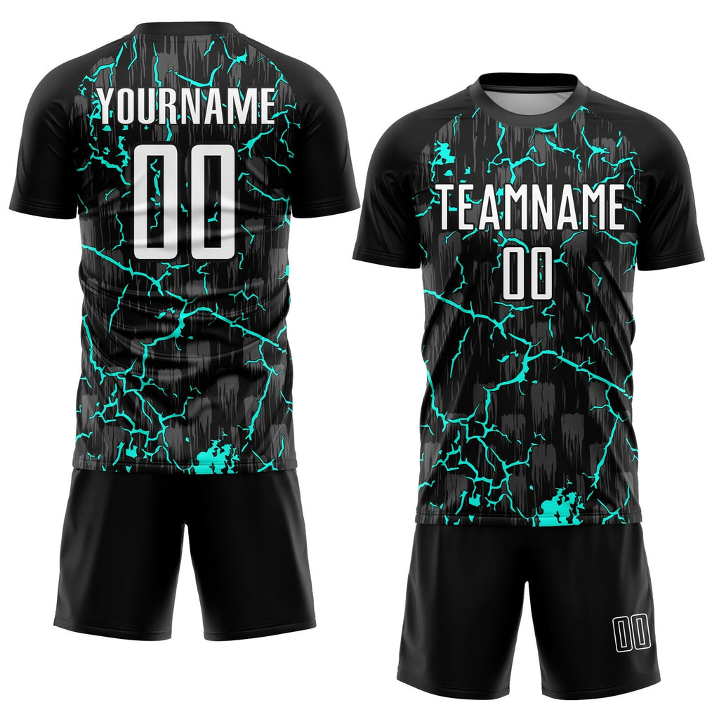 Custom Black White-Aqua Lightning Sublimation Soccer Uniform Jersey photo 2