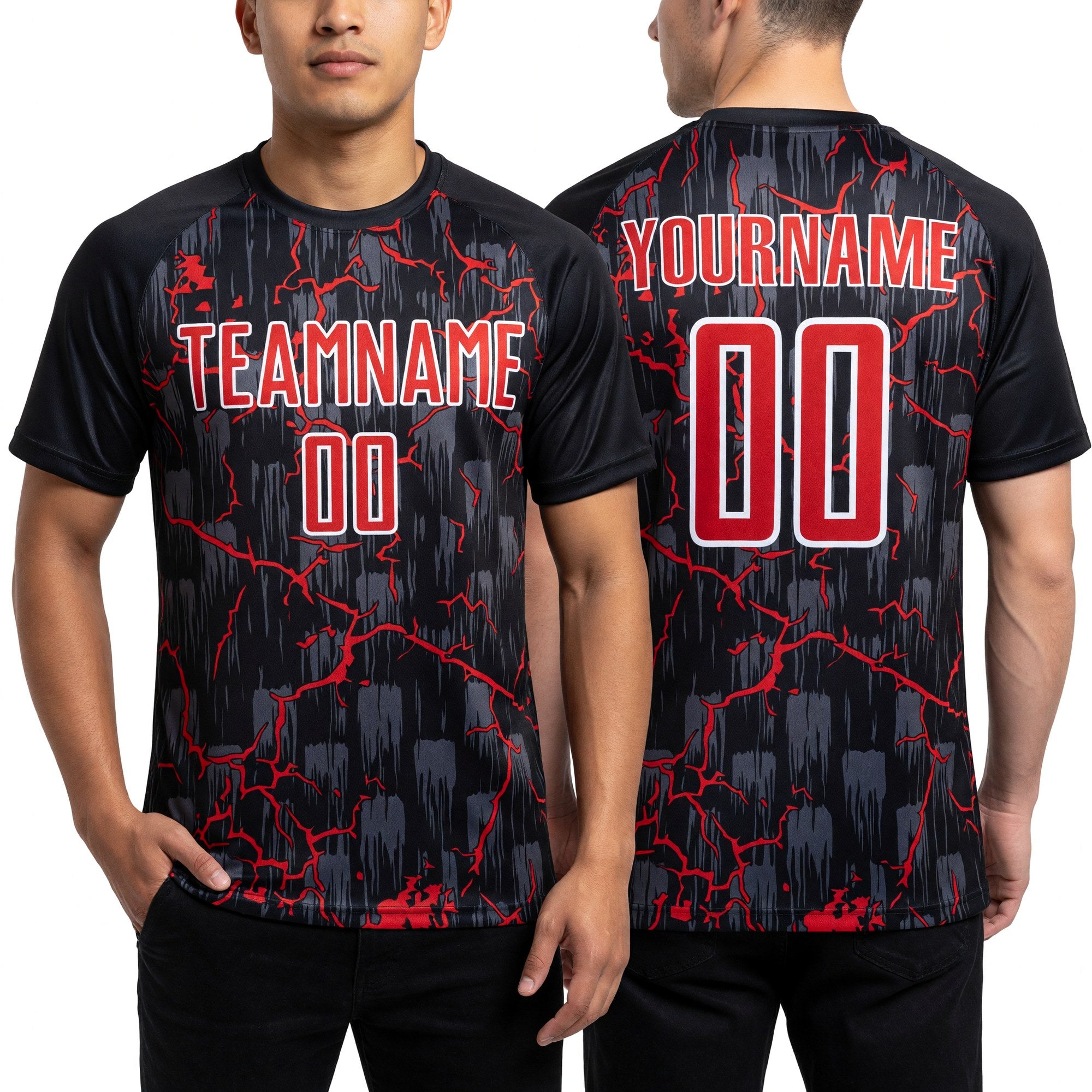 Custom Black Red-White Lightning Sublimation Soccer Uniform Jersey worn front and back
