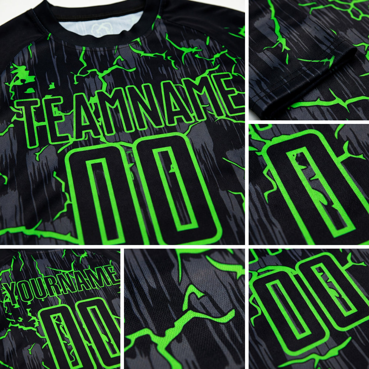 Custom Black Neon Green Lightning Sublimation Soccer Uniform Jersey detail