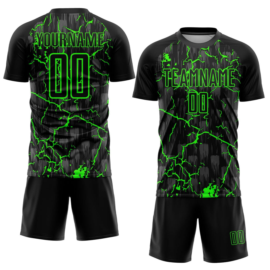 Custom Black Neon Green Lightning Sublimation Soccer Uniform Jersey photo 2