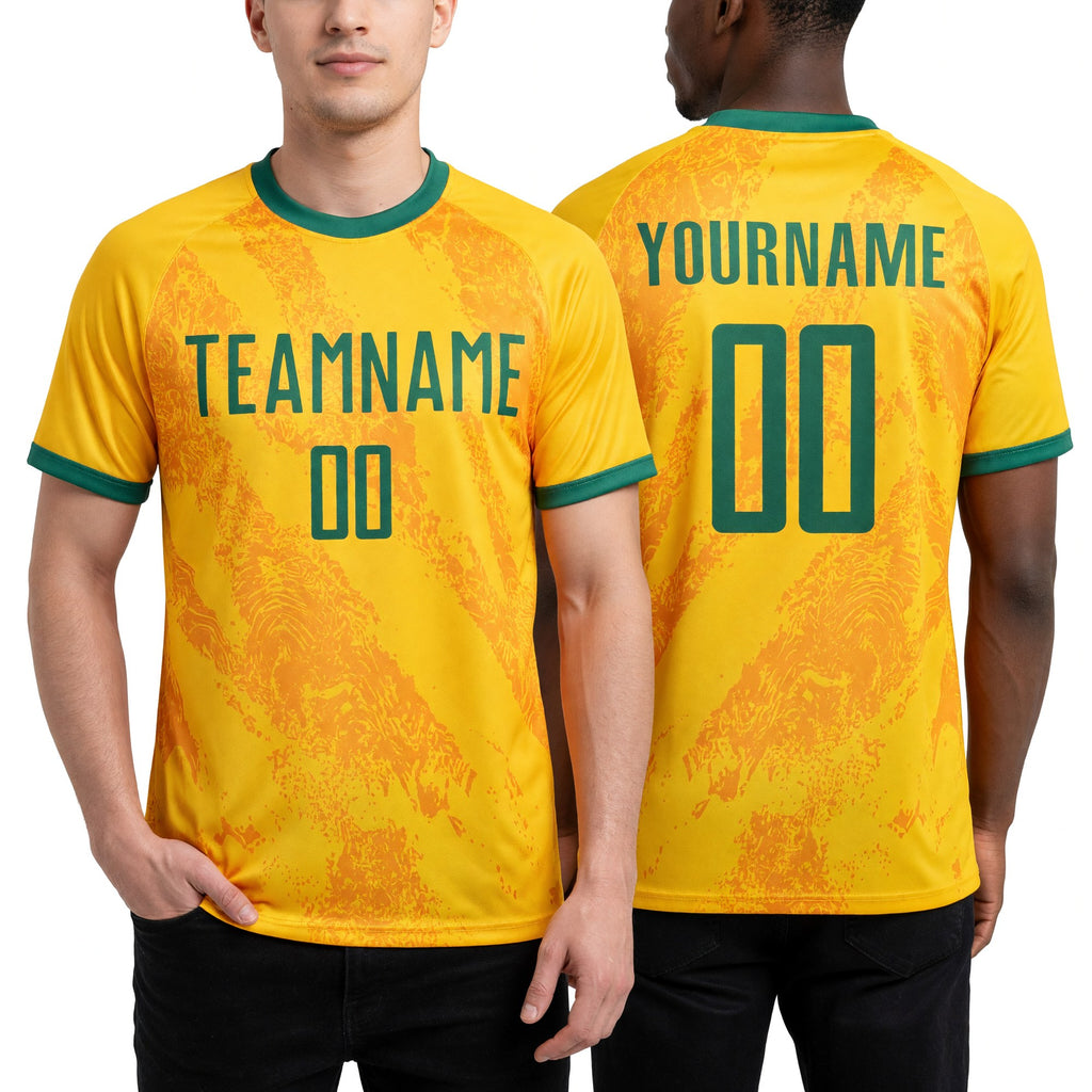 Custom Gold Grass Green Sublimation Soccer Uniform Jersey worn front and back