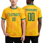 Custom Gold Grass Green Sublimation Soccer Uniform Jersey worn front and back
