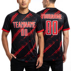 Custom Black Red-White Sublimation Soccer Uniform Jersey worn front and back