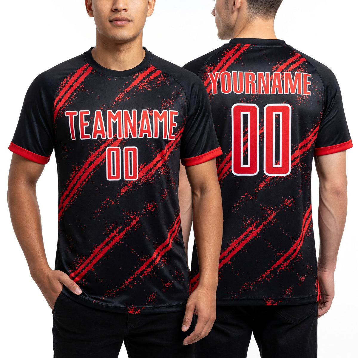 Custom Black Red-White Sublimation Soccer Uniform Jersey worn front and back