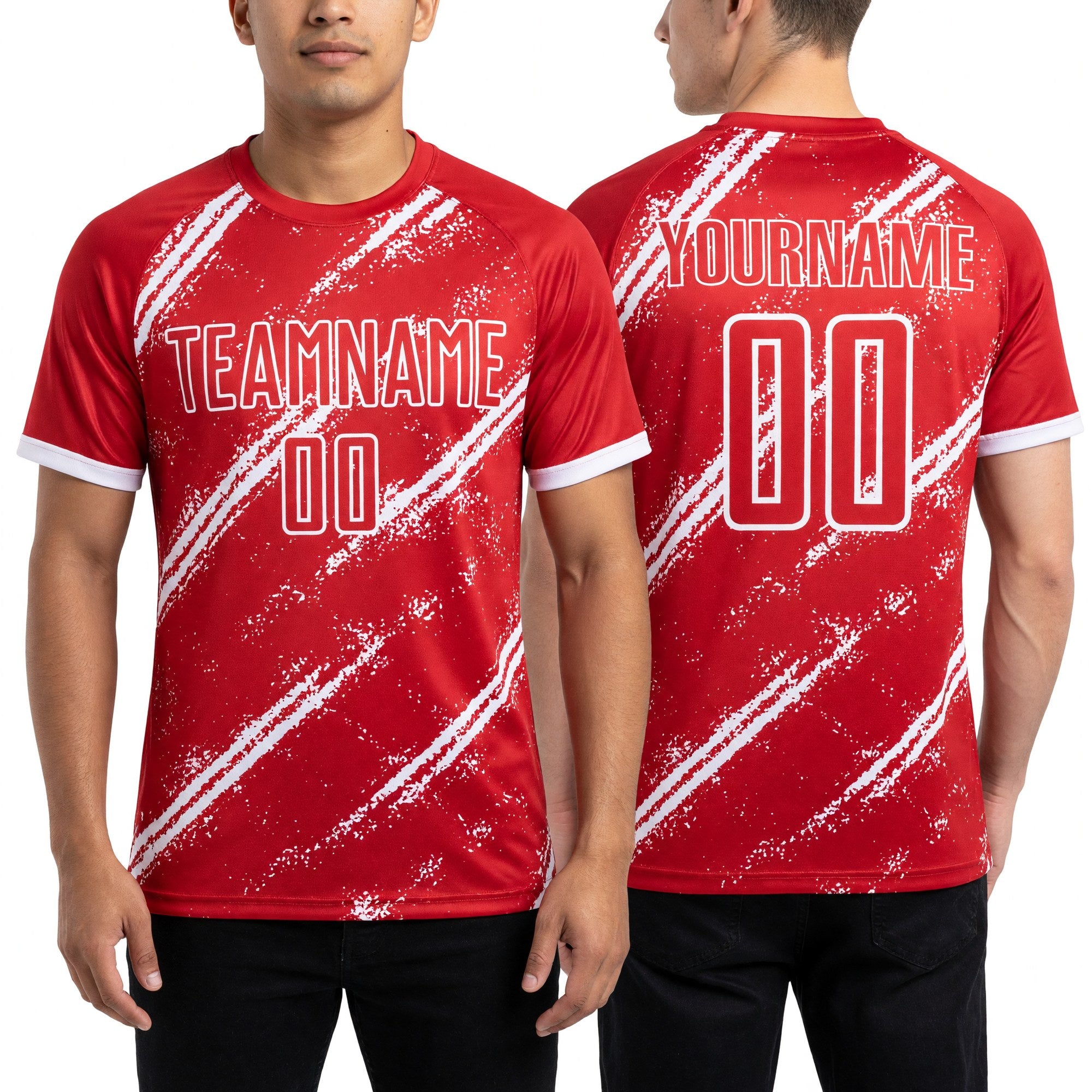 Custom Red White Sublimation Soccer Uniform Jersey worn front and back