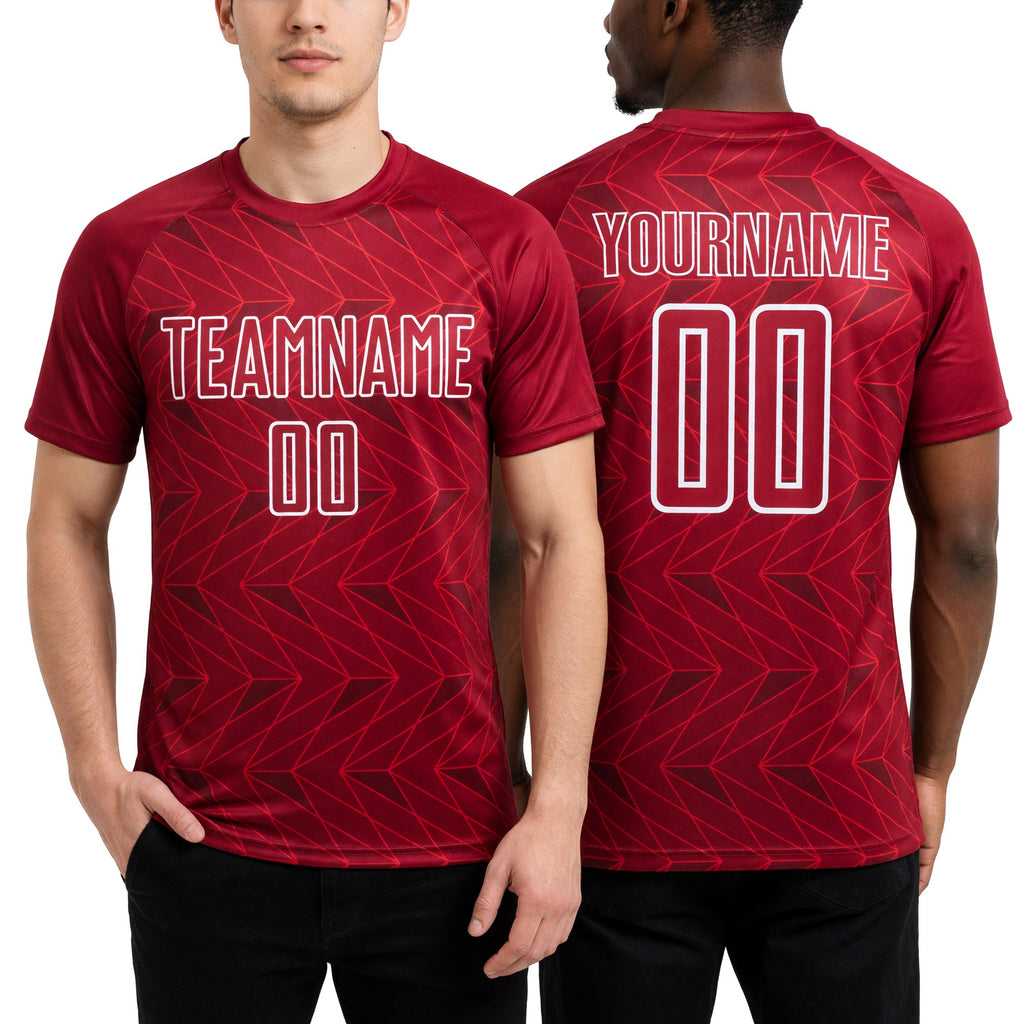 Custom Red White Sublimation Soccer Uniform Jersey worn front and back