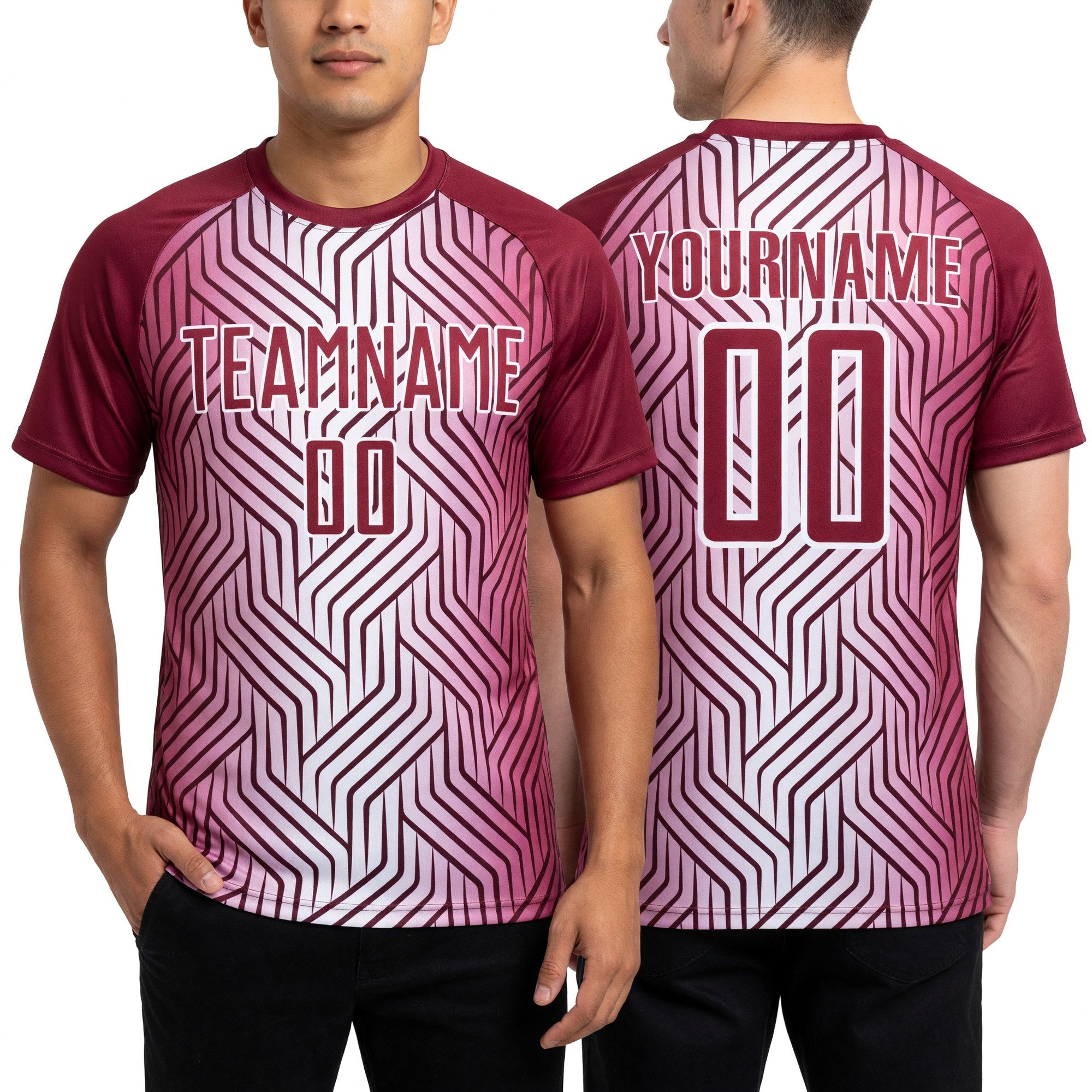 Custom Maroon White Lines Sublimation Soccer Uniform Jersey worn front and back