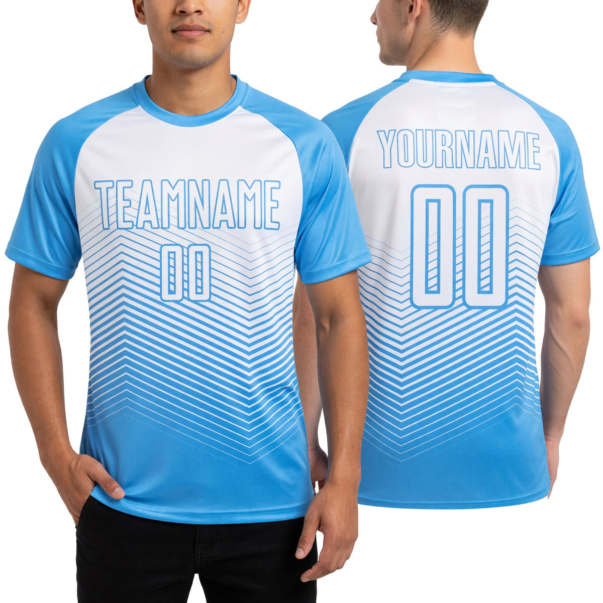 Custom Light Blue White Lines Sublimation Soccer Uniform Jersey worn front and back