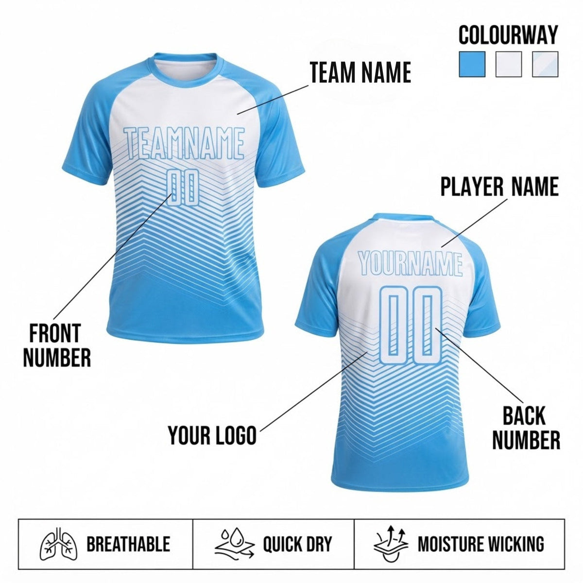 Custom Light Blue Lines Sublimated Soccer Jersey with White Lettering Design 1177 customization guide