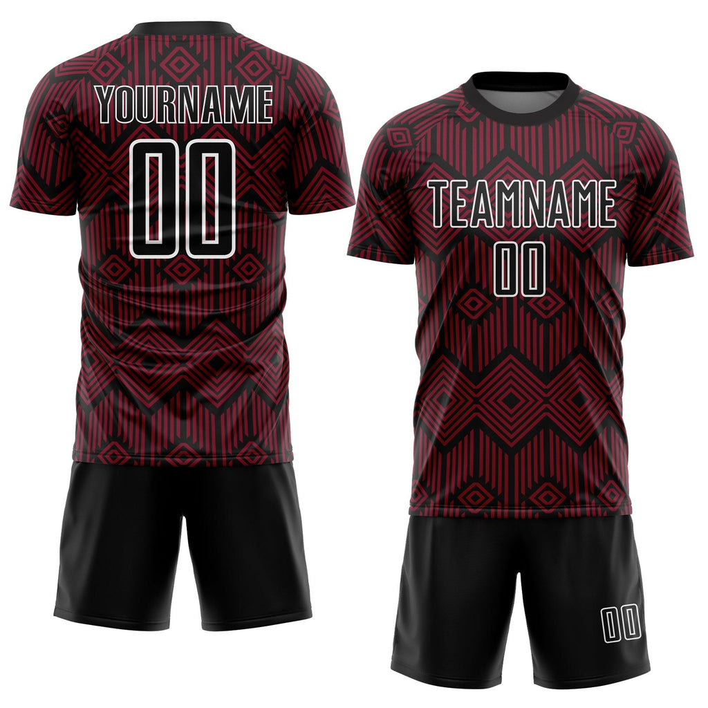 Custom Crimson Black-White Abstract Geometric Shapes Sublimation Soccer Uniform Jersey photo 2