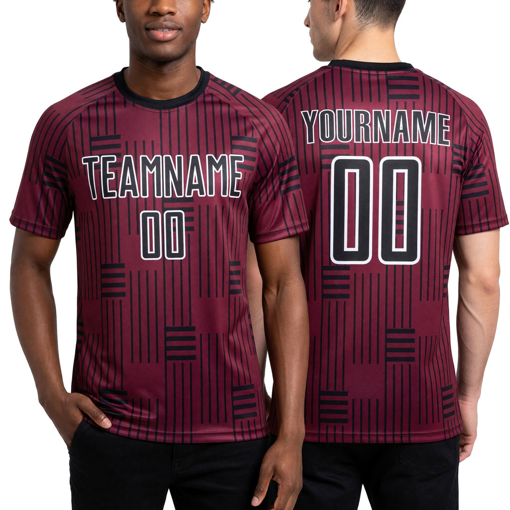 Custom Maroon Black-White Lines Sublimation Soccer Uniform Jersey worn front and back