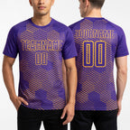 Custom Purple Gold Abstract Hexagon Sublimation Soccer Uniform Jersey worn front and back