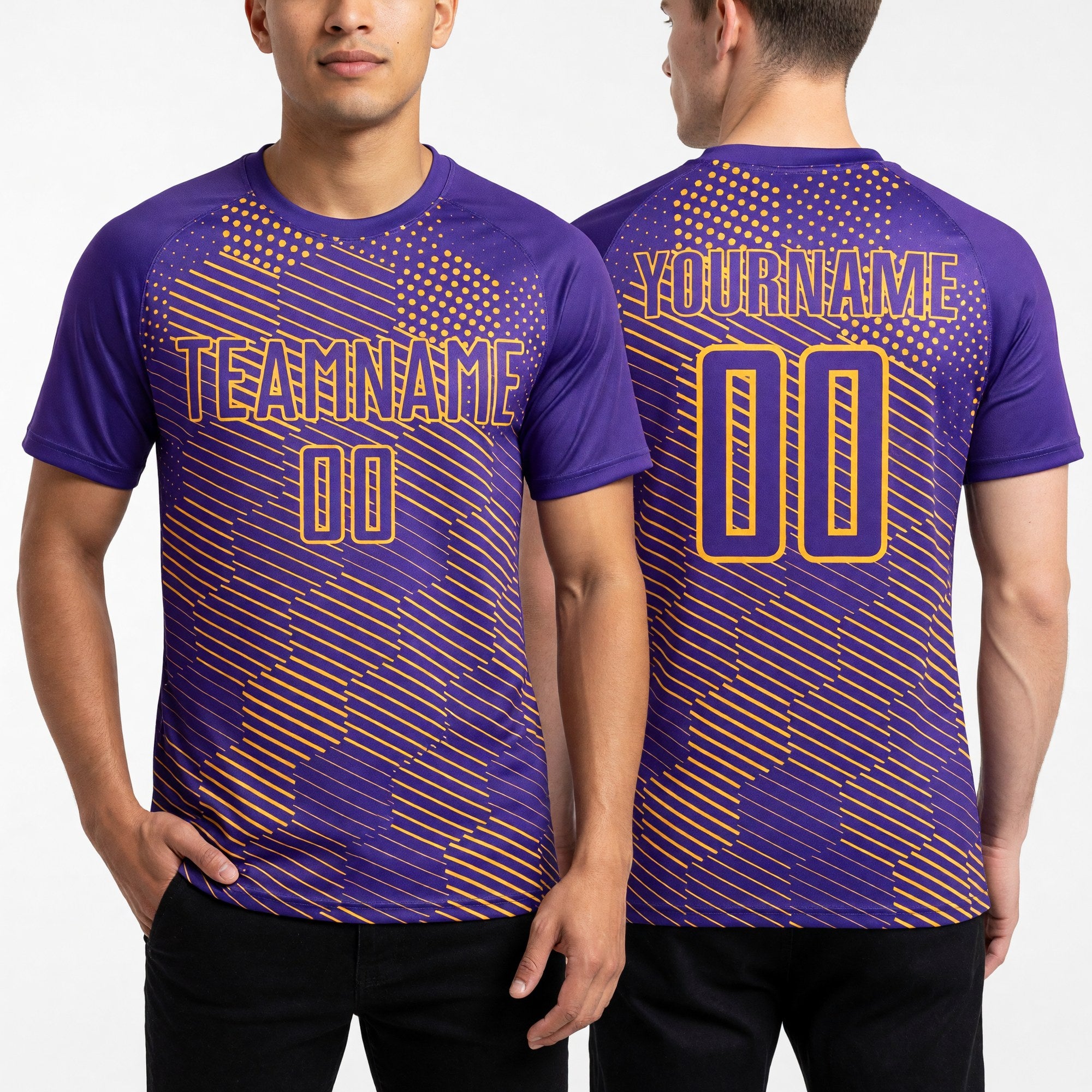 Custom Purple Gold Abstract Hexagon Sublimation Soccer Uniform Jersey worn front and back