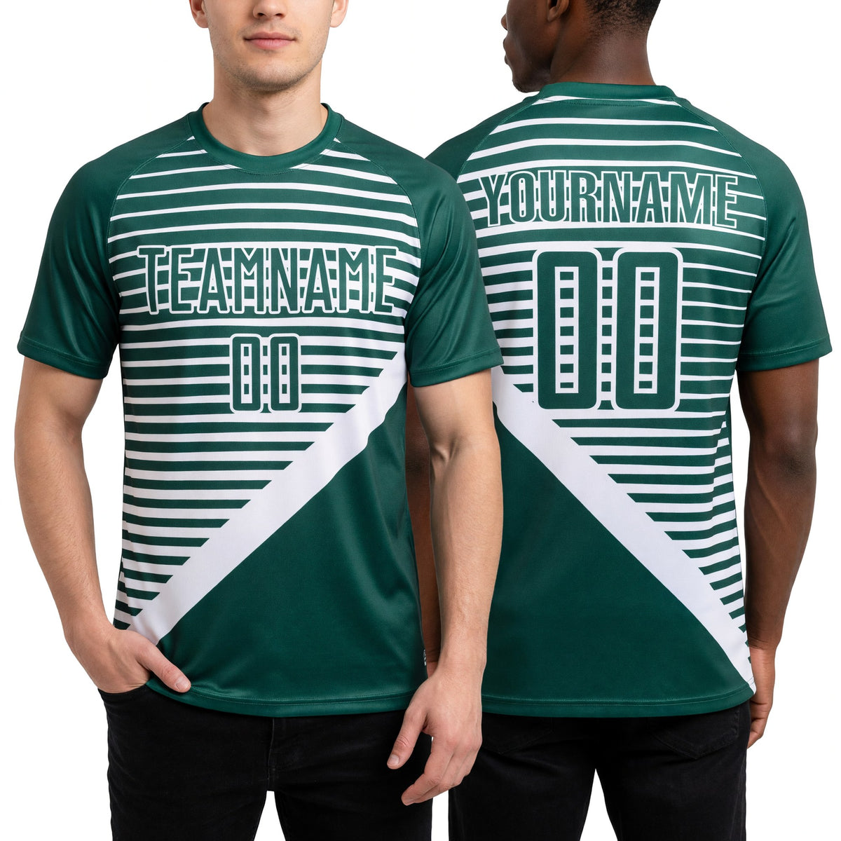 Custom Kelly Green White Stripes Sublimation Soccer Uniform Jersey worn front and back