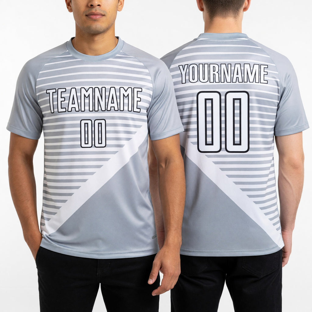Custom Gray White-Black Stripes Sublimation Soccer Uniform Jersey worn front and back