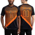 Custom Black Bay Orange Stripes Sublimation Soccer Uniform Jersey worn front and back