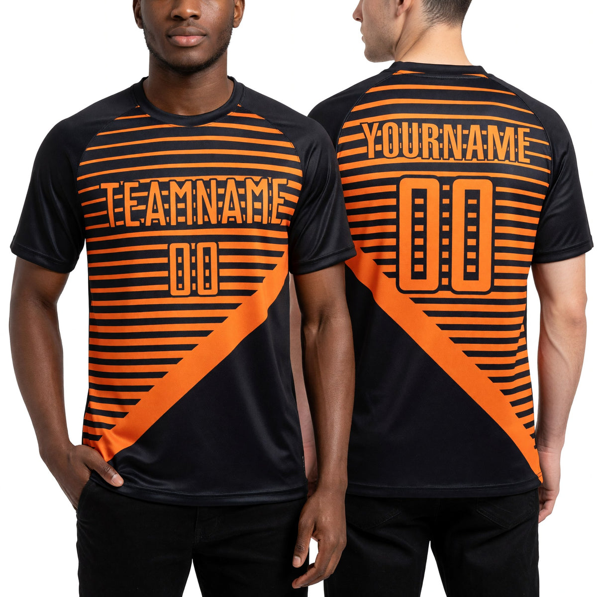 Custom Black Bay Orange Stripes Sublimation Soccer Uniform Jersey worn front and back