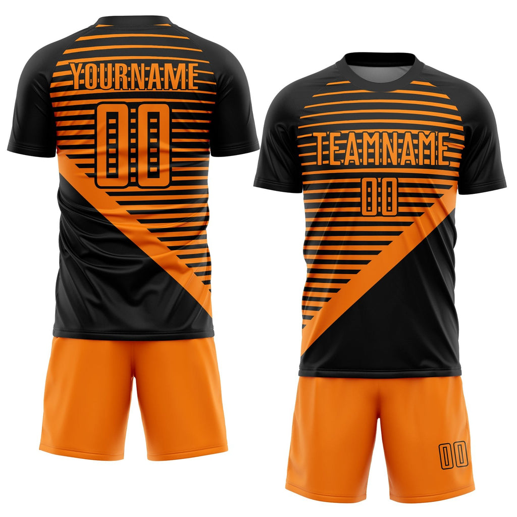 Custom Black Bay Orange Stripes Sublimation Soccer Uniform Jersey photo 2
