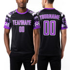 Custom Black Purple-White Animal Print Sublimation Soccer Uniform Jersey worn front and back