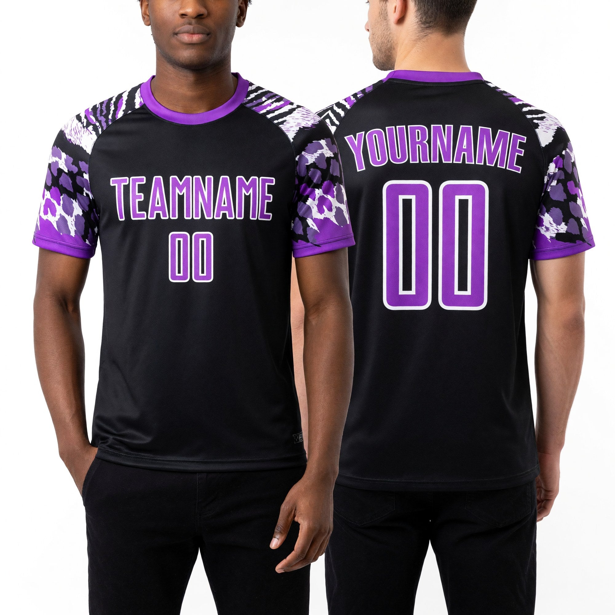 Custom Black Purple-White Animal Print Sublimation Soccer Uniform Jersey worn front and back