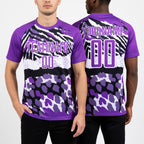 Custom Purple Black-White Animal Print Sublimation Soccer Uniform Jersey worn front and back