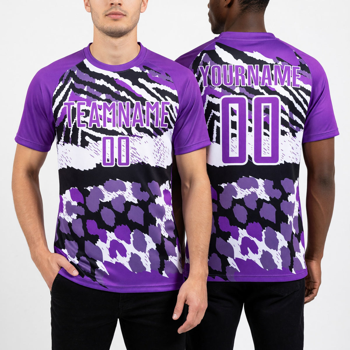 Custom Purple Black-White Animal Print Sublimation Soccer Uniform Jersey worn front and back