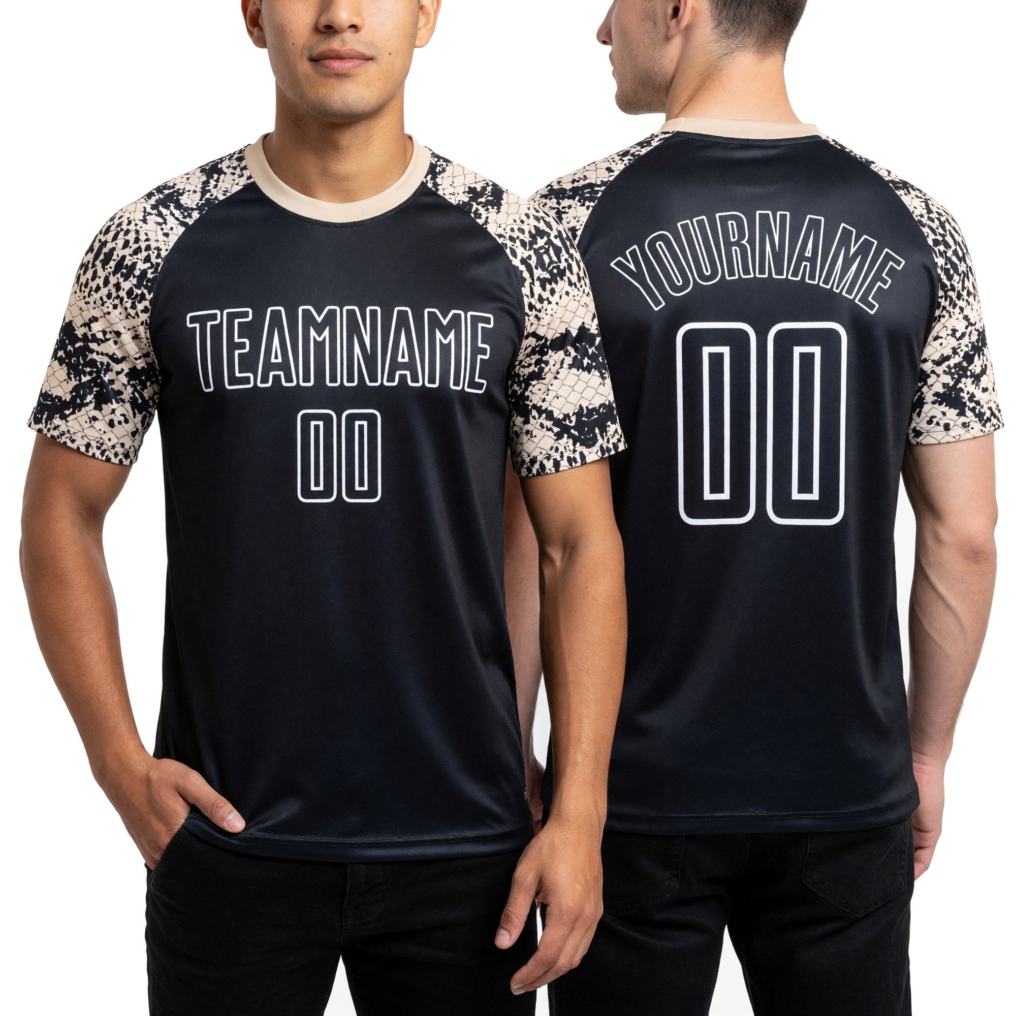 Custom Black Cream-White Snake Skin Sublimation Soccer Uniform Jersey worn front and back