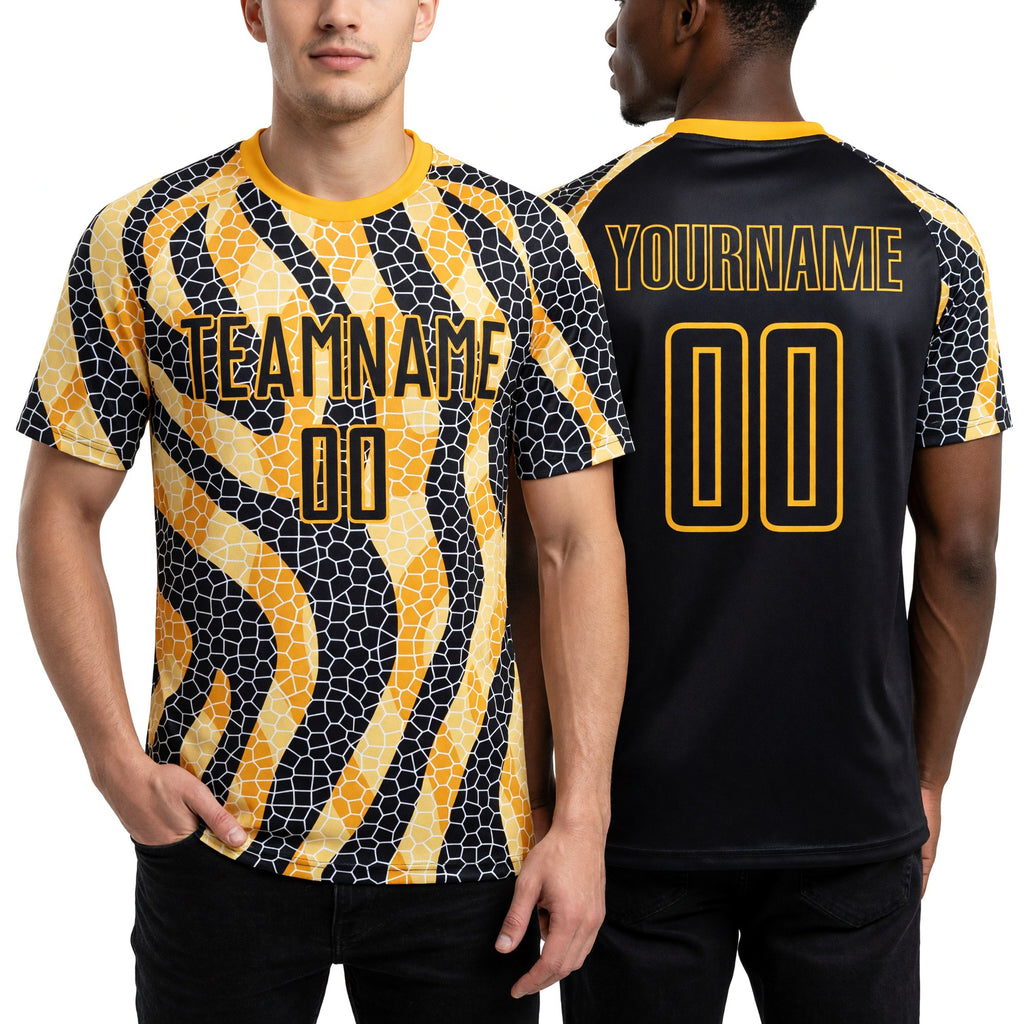 Custom Black Gold Animal Print Sublimation Soccer Uniform Jersey worn front and back