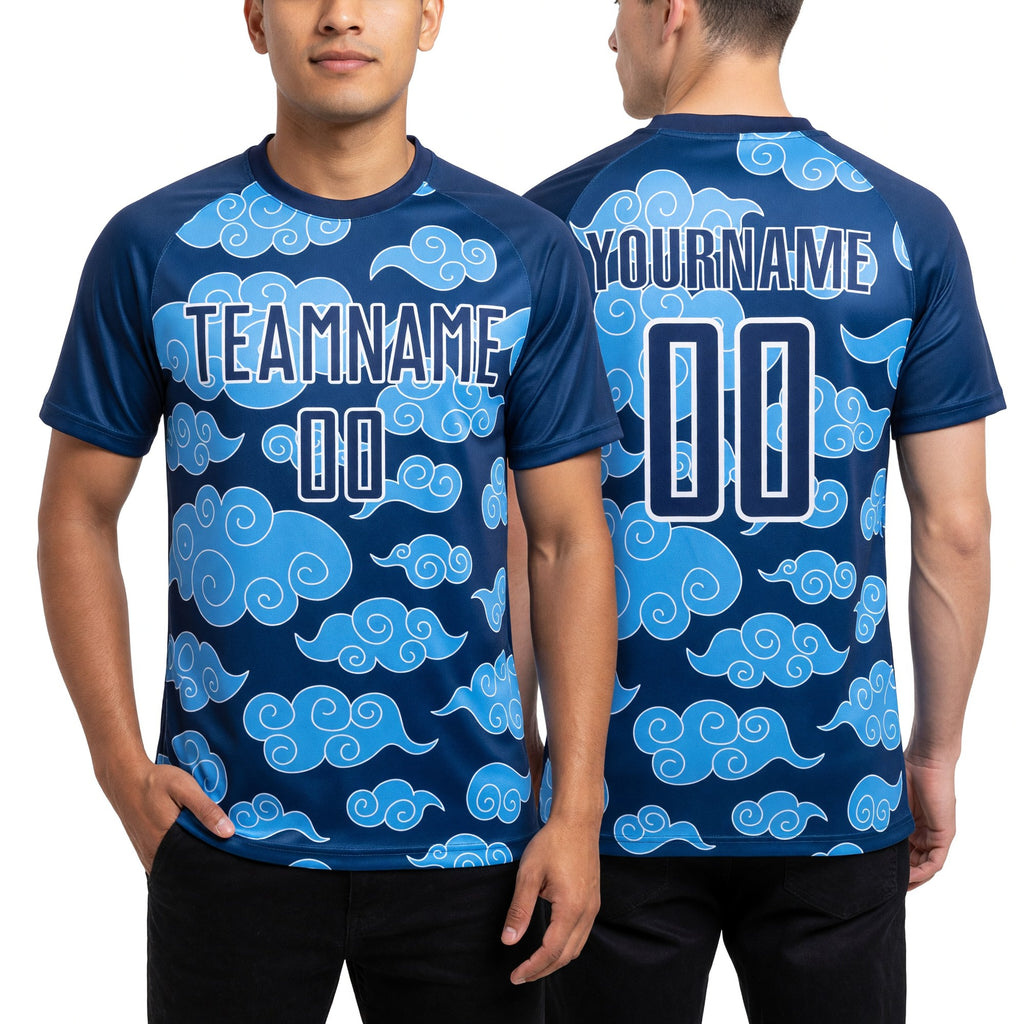 Custom Royal White Cloud Pattern Sublimation Soccer Uniform Jersey worn front and back