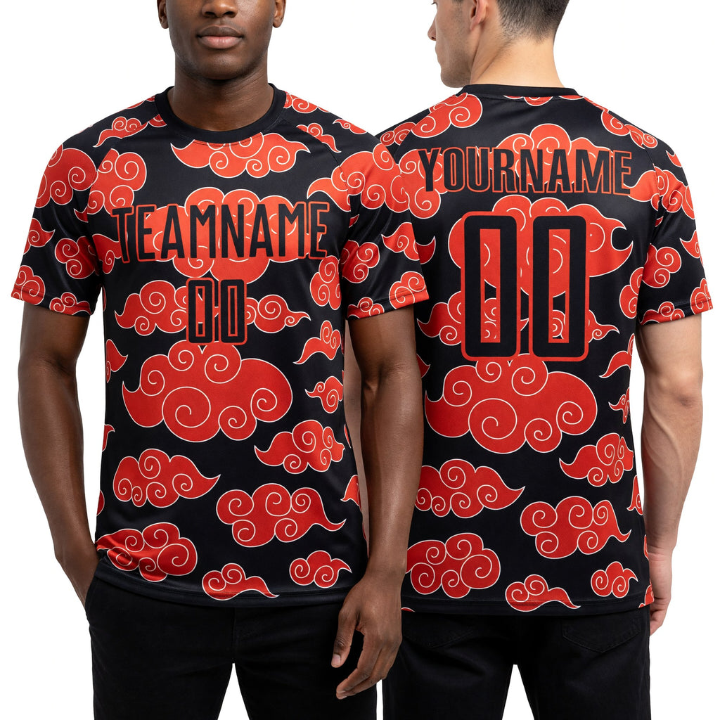 Custom Black Orange Cloud Pattern Sublimation Soccer Uniform Jersey worn front and back