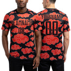 Custom Black Orange Cloud Pattern Sublimation Soccer Uniform Jersey worn front and back