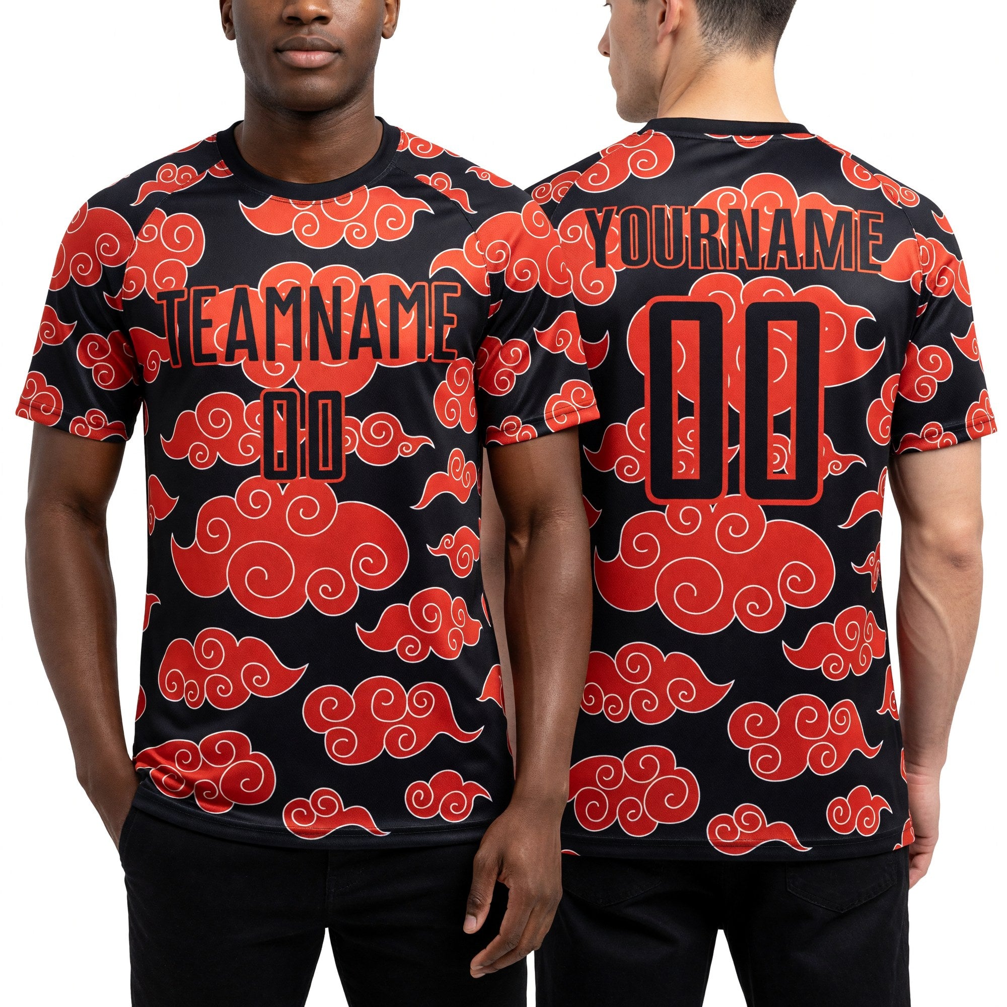 Custom Black Orange Cloud Pattern Sublimation Soccer Uniform Jersey worn front and back