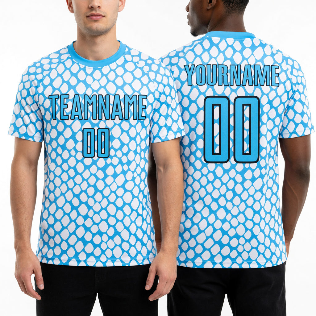 Custom Sky Blue Black-White Snake Skin Sublimation Soccer Uniform Jersey worn front and back