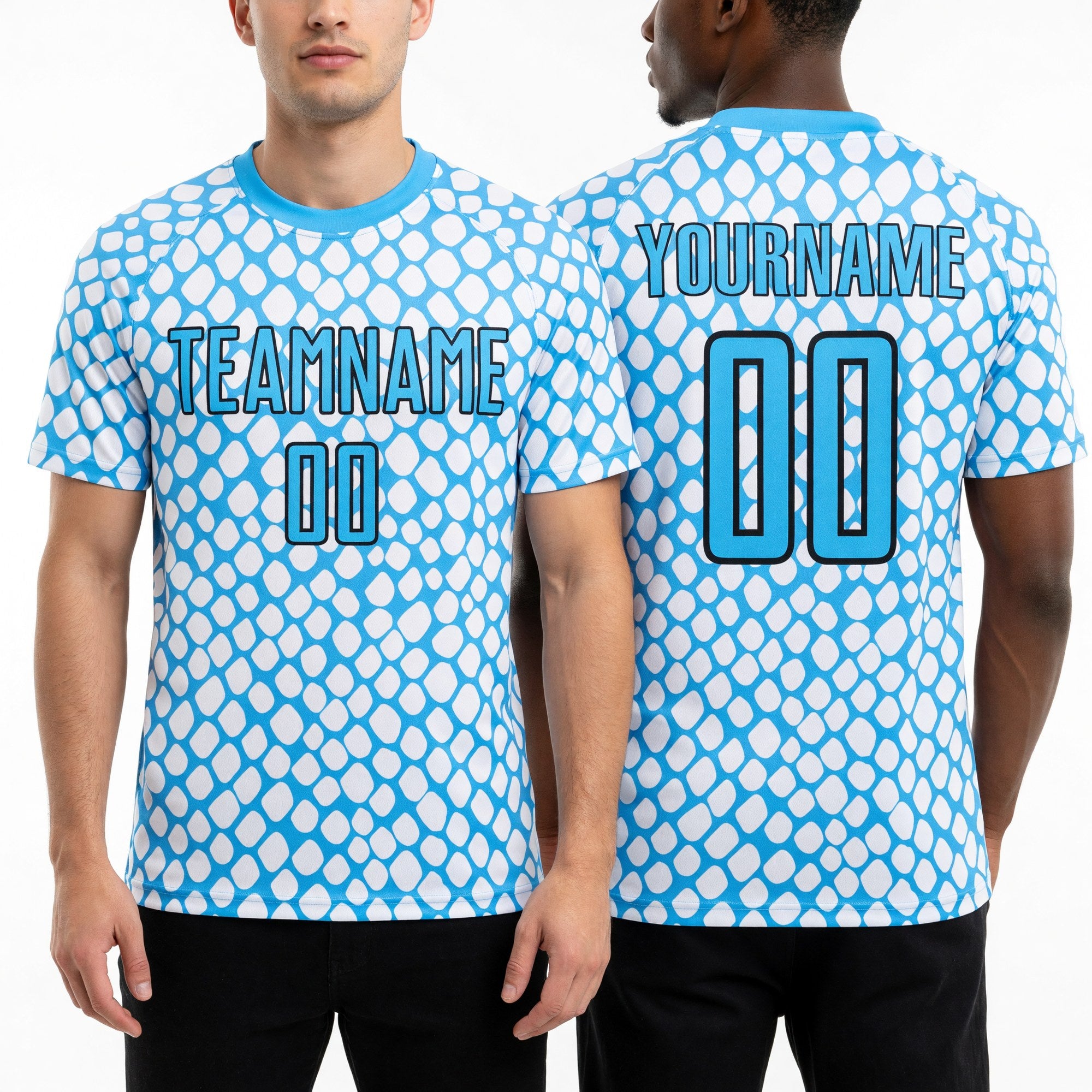Custom Sky Blue Black-White Snake Skin Sublimation Soccer Uniform Jersey worn front and back