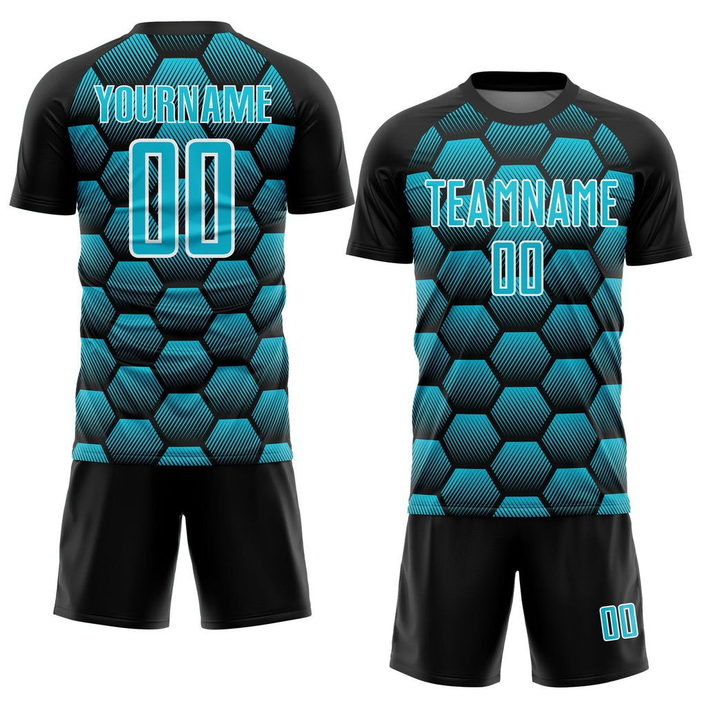 Custom Black Lakes Blue-White Hexagons Pattern Sublimation Soccer Uniform Jersey photo 2