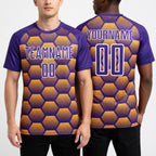 Custom Purple Gold-White Hexagons Pattern Sublimation Soccer Uniform Jersey worn front and back
