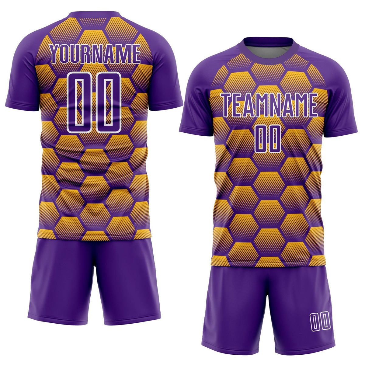 Custom Purple Gold-White Hexagons Pattern Sublimation Soccer Uniform Jersey photo 2