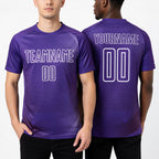Custom Purple White Geometric Lines Sublimation Soccer Uniform Jersey worn front and back