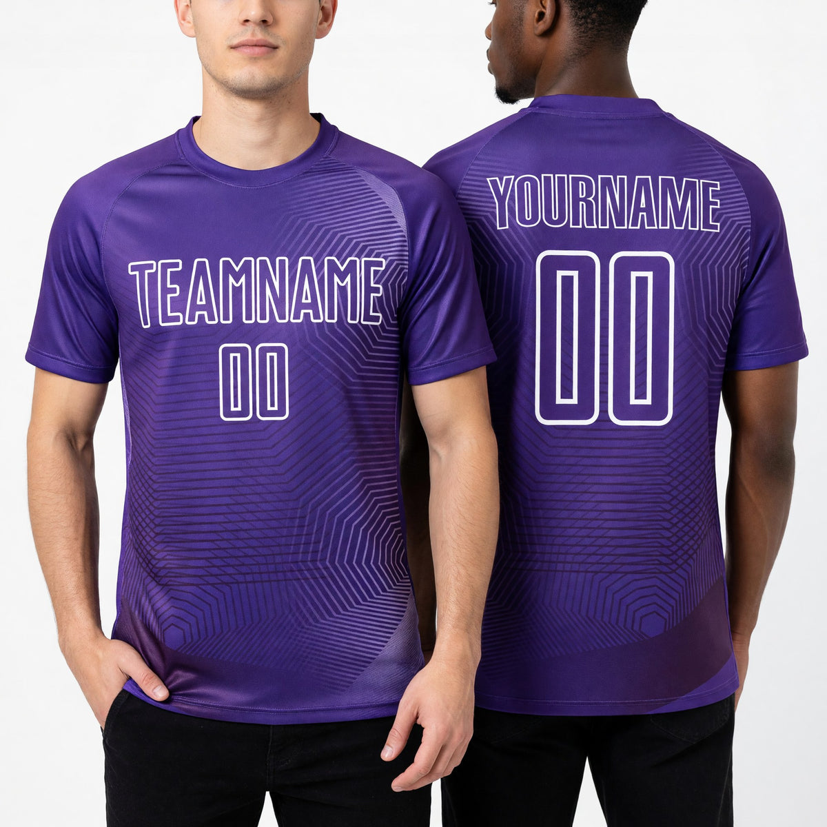 Custom Purple White Geometric Lines Sublimation Soccer Uniform Jersey worn front and back