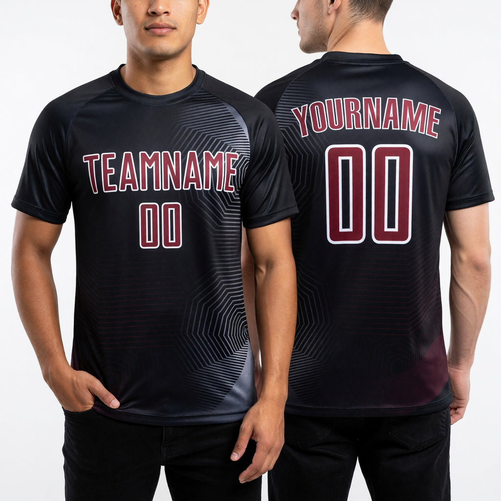 Custom Black Crimson-White Geometric Lines Sublimation Soccer Uniform Jersey worn front and back