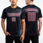 Custom Black Crimson-White Geometric Lines Sublimation Soccer Uniform Jersey worn front and back