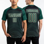 Custom Green Cream-Black Gradient Geometric Lines Sublimation Soccer Uniform Jersey worn front and back