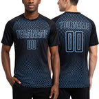 Custom Black Light Blue Geometric Lines Sublimation Soccer Uniform Jersey worn front and back