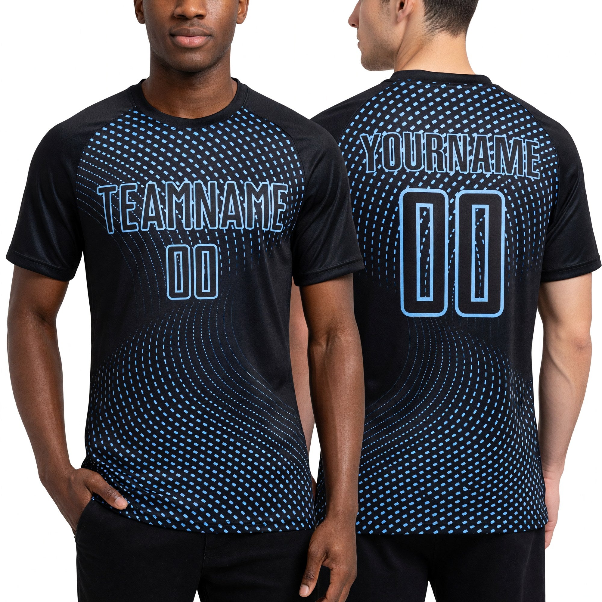 Custom Black Light Blue Geometric Lines Sublimation Soccer Uniform Jersey worn front and back