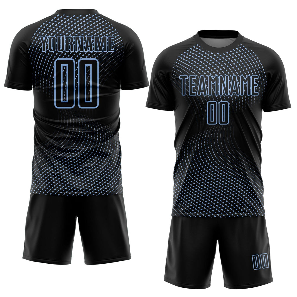 Custom Black Light Blue Geometric Lines Sublimation Soccer Uniform Jersey photo 2
