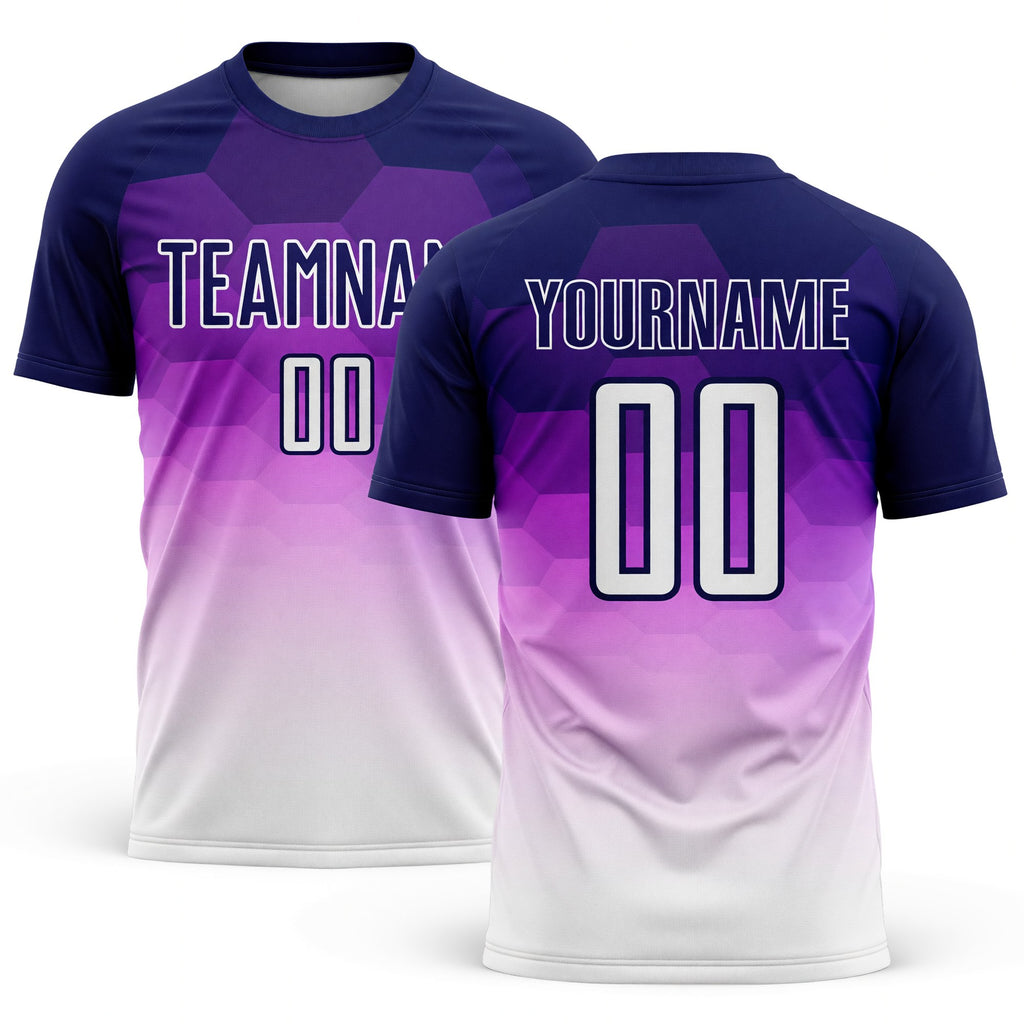 Custom Dark Purple White Gradient Hexagons Pattern Sublimation Soccer Uniform Jersey