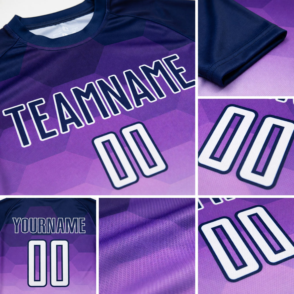 Custom Dark Purple White Gradient Hexagons Pattern Sublimation Soccer Uniform Jersey detail